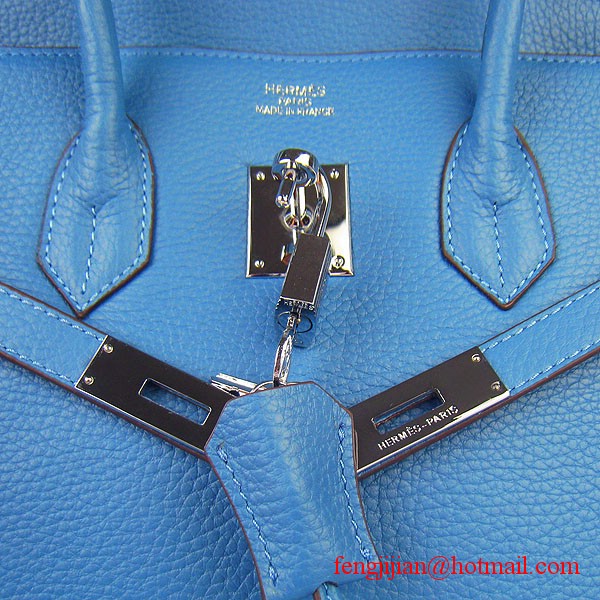 Hermes 35cm Embossed Veins Leather Bag Bule 6089 Silver Hardware